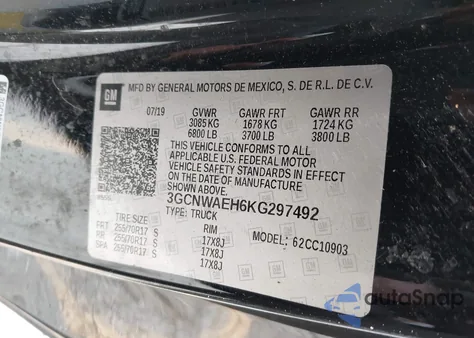 2019 Chevrolet Silverado 1500 Work Truck z USA, uszkodzony, nr VIN 3GCNWAEH6KG297492